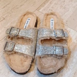 Olivia + Kate Fur-Lined Bling Flatbed Sandals